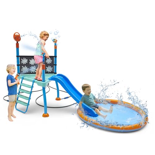 Plum Play Kids Splash Pad Station Water Slide Play Equipment - Outdoor Toddler Water Toys, Sprinkler Pool for Kids, Fun Backyard Water Park with Bubble Blower, Water Reveal Coloring Wall Ages 3 Years+