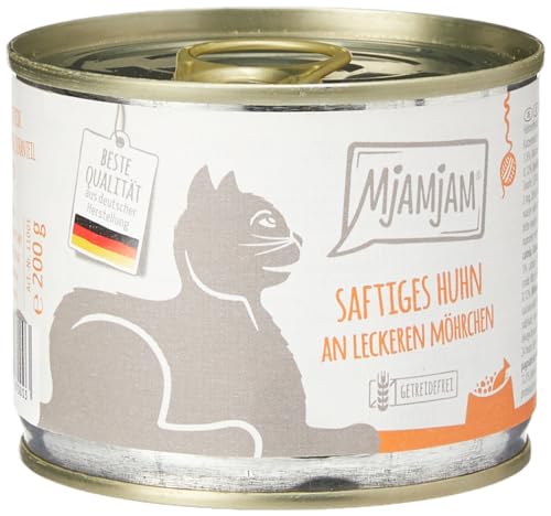 MjAMjAM - Premium Nassfutter für Katzen - saftiges Huhn an leckeren Möhrchen, 6er Pack (6 x 200 g), getreidefrei mit extra viel Fleisch