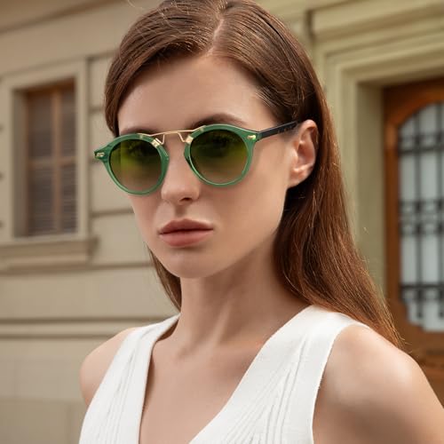 Image of CARFIA Small Face Acetate Polarized Sunglasses for Women UV Protection, Retro Double Bridge Eyewears Metal Brow Round Sunnies