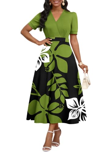 Image of MarryUP Women's Midi Dresses - V Neck Cocktail & Church Tea Dresses - Short Sleeve A-Line Swing Dress