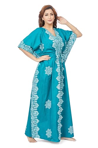 Image of THEKAFTANSHOP Women's Cotton Hand Dyed Batik Kaftan Nighty With Drawstring Waist | V-Neck Printed Free Size Relaxed Fit Casual Sleepwear Loungewear Nightwear Kaftan Dress Gift (Green Motif)