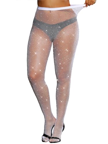 Image of VINICUNCA Fishnet Stockings for Women Sparkly Rhinestone Fishnet Tights Glitter Fish Nets
