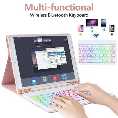 Fuwang New Ipad 9Th Generation Keyboard Case 10.2" 2021/(8Th Gen) 2020/（7Th Gen） 2019,7 Colors Backlit Keyboard Case For Ipad 10.2" /Ipad Air 3 10.5"(3Rd Gen)/Ipad Pro 10.5" With Pencil Holder-Pink #TOP3