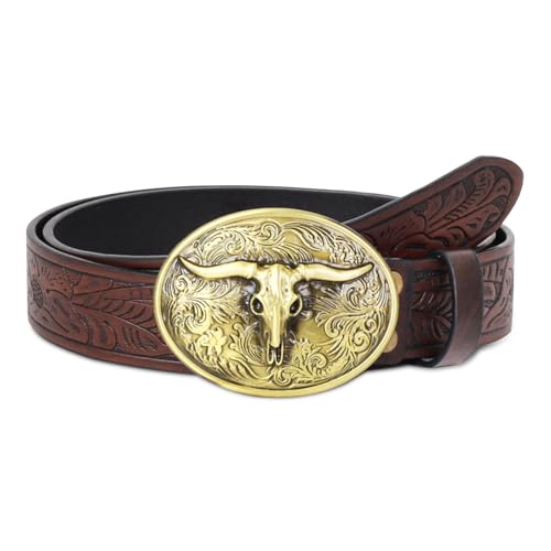 Western Cowboy Cowgirl Belt Country belt for Men Women, Leather Bull Buckle Belts for Jeans