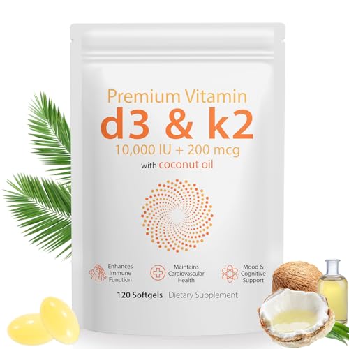 120 Count Vitamin D3 K2 Supplement Softgel 2 in 1 Vitamins D & K Complex Vitamin D3 K2 10000 IU Coconut Oil Supplement Softgel Immune Heart Health Support