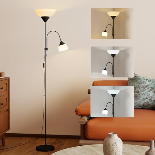HOMCOM LED Floor Lamp for Living Room, 180cm Tall Standing Lamp, Mother and Child Uplighter with Adjustable Gooseneck, 3000K/4500K/6500K Colour Temperatures, Black