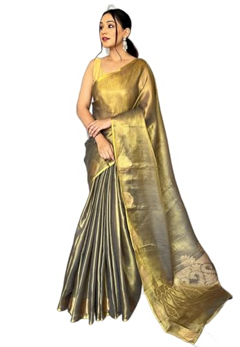 Image of SWORNOF Gold-Toned Woven Design Silk Zari Tissue Saree | Saree for Women | Soft and Skin Friendly