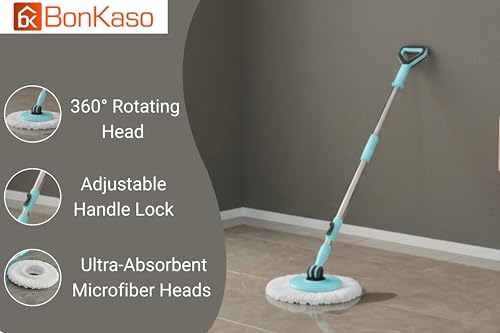 Image of BonKaso Rider 360 Spin Mop with Stainless Steel Wringer, Big Wheels & Adjustable Handle, Easy Floor Cleaning Mop Bucket Set with 2 Microfiber Refills - Sky Blue & Black