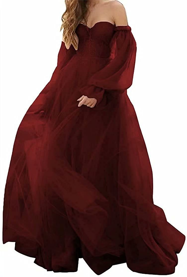 N/ C Women's Burgundy Vintage Off Shoulder Ball Gowns Tulle Princess Prom Quinceanera Dresses For Puffy Sleeves Uk10