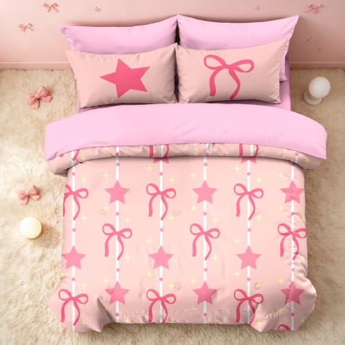 Image of NINENINE Pink Bow Star Comforter Sets, Sweet Galaxy Space Bedding 5PCS Twin Size Comforter Sets for Girls (1Comforter, 1Flat Sheet, 1Fitted Sheet, 2Pillowcases)