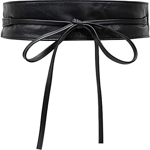 BAOKELAN Leather Wide Belts for Women Obi Wrap Lace Up Corset Waistband for Dress Black Width 10CM Cover