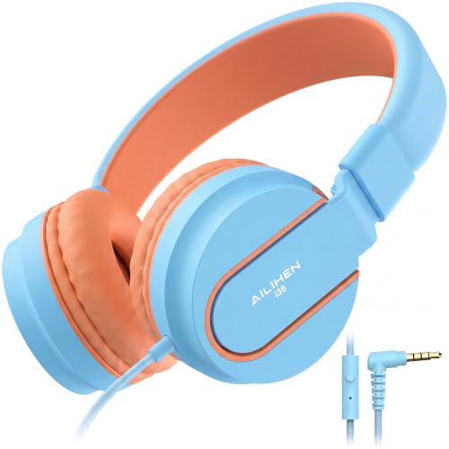 Image of AILIHEN I35 Kids Headphones for School with Mic, 93dB Safe Volume, Blue Pop | Wired On Ear Headphones for Girls Boys, Foldable Lightweight Headphone for Classroom Learning & Entertainment Travel Computer