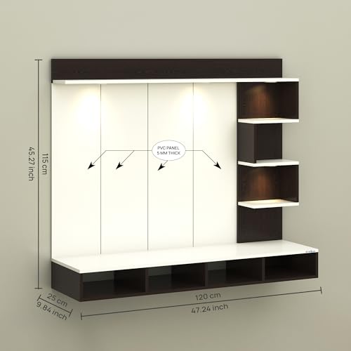 Image of Anikaa Laura Engineered Wood Wall-Mount TV Unit with PVC Back Panel & LED Lights | TV Cabinet with Storage Box & Decorative Shelves (Wenge /White) Ideal for TVs up to 43 Inch | DIY Installation