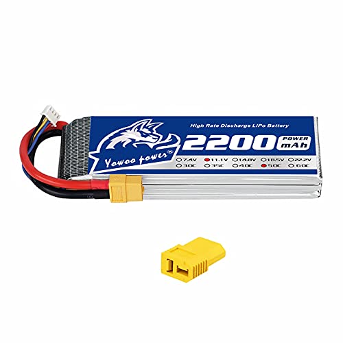 YOWOO 2200mAh LiPo Battery 11.1V 50C 3S LiPo Battery with XT60 and T Plug for E flite Valiant Parkzone E4F Wildcat Great Planes E-Cub RC Car Boat Truck Heli Airplane Quadcopter Helicopter