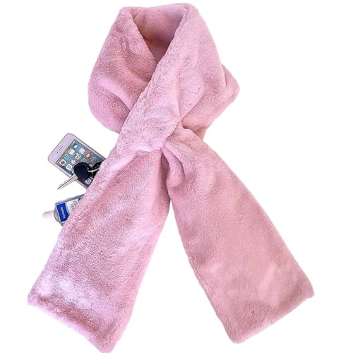Faux Fur Scarf With Hidden Zipper Pocket For Cell Phone and Valuables (Pink)