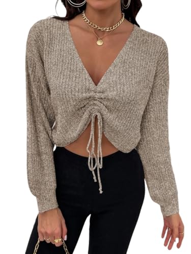 Lantern Sleeve Drawstring Ruched Front Sweater Long Sleeve Tops Women's Classic-Fit Pullover Sweater