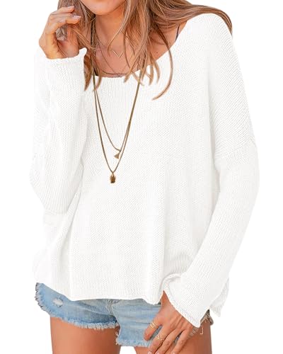 PRETTYGARDEN Womens Oversized Sweaters 2026 Casual Long Sleeve Scoop Neck Pullover Tops Loose Cozy Knit Spring Outfits(White Small)