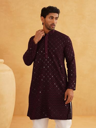 Image of SOJANYA Men's Coffee Brown Cotton Blend Kurta with Intricate Embroidery & Subtle Sequin Work
