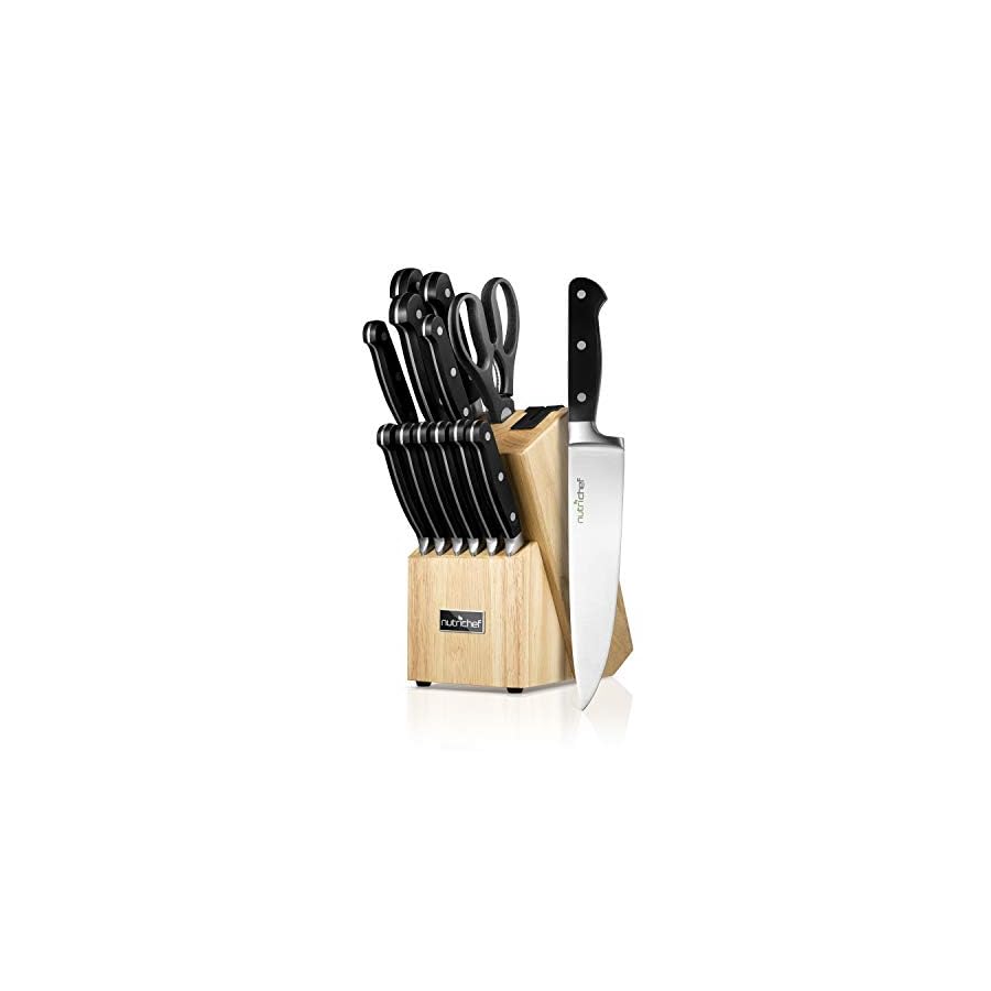 NutriChefKitchen 13 Piece Kitchen Knife Set-German Stainless Steel Kitchen Precision Knives Set w/ 6 Steak Knives & Bonus Scissors, Wooden Block Stand w/ Sharpener-Slicing, Chopping, Dicing -NCKNS13.5
