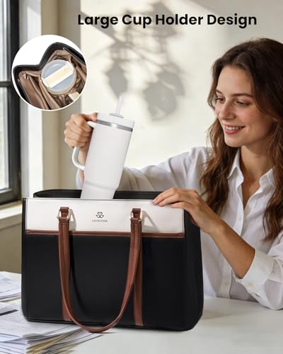Image of LOVEVOOK Lunch Bag for Women, Leather Work Laptop Tote Bag with Insulated Lunch Compartment&Cup Holder, 17.3 Inch 2 in 1 Lunch Tote for Business, Teacher, Nurse, Office, College, Casual