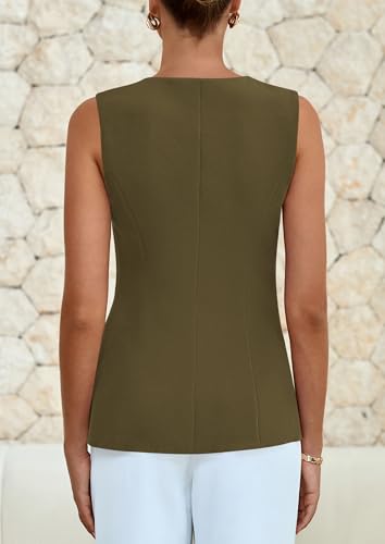 PRETTYGARDEN Summer Blazer Vest Tops for Women Sleeveless Button Down Business Casual Outfits Work Suit Vests Waistcoat, Army Green, M