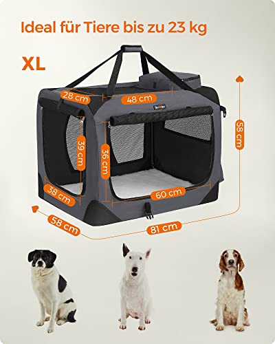 Feandrea Hundebox faltbar, Transportbox Hund, XL, Hundetasche, Oxford-Gewebe, Netzstoff, atmungsaktiv tragbar transportabel, Metallrahmen, mit Griffen, Taschen, 81 x 58 x 58 cm, grau PDC008G01