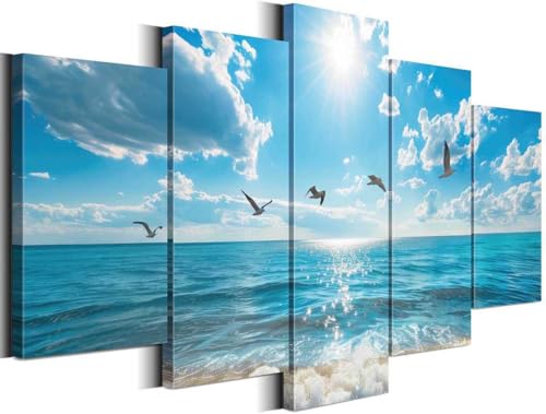 Oreichar Art Seascape Canvas Wall Art Prints 5 Pieces Sea Pictures Blue Sky Ocean Wall Decor for Bedroom Living Room Home (Small, Wrapped Canvas) by Oreichar Art - Used condition - US$31.91