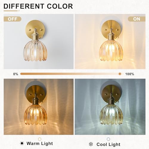 Image of Hardwired Wall Sconce Light, Vintage Wall Sconce with Switch, Gold Wall Light Fixture with Tulip Amber Glass Lampshade, Indoor Wall Light for Bedroom Bathroom, Bedside Wall Lamp