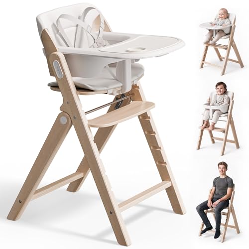 Mamazing GrowPod Pro Wooden Baby High Chair for 6 Months to 220lbs Easy to Clean with Tray Compact Foldable Highchair for Kitchen & Dining Room with 5-Point Safety Harnesses and Guard Bar
