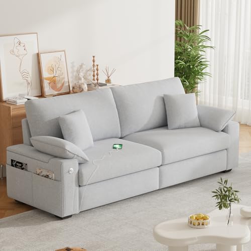 Image of 89 inch Modern Sofas for Living Room, Comfy Sofa with Deep Seat Couch, USB /Type-C Port, Side Storage, Removable Cover, Couches for Living Room, Apartment, Light Grey