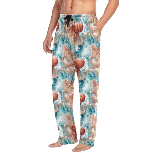 Aflyko Ocean Men's Pajama Pants Octopus Watercolor Cyan Orange Pjs Sleepwear Bottoms2