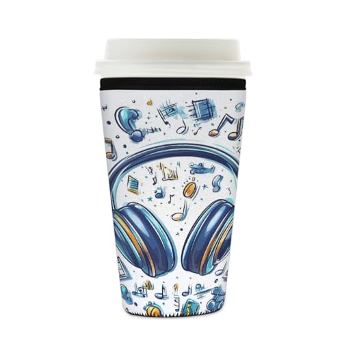Myfsucce Funda reutilizable para taza de café, funda de neopreno para café helado con impresión musical para auriculares, 2 mm de grosor, tamaño de 16 a 18 onzas