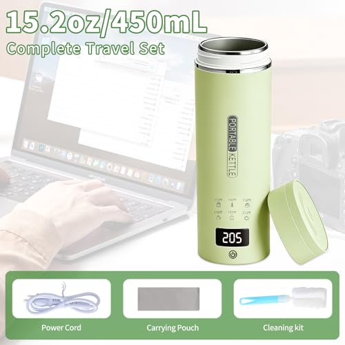 Image of Green Travel Electric Kettle with LCD Display, 6 Temperature Settings, 450ml / 15.2oz, 304 Stainless Steel, Auto Shut-Off and Dry Boil Protection, Compact and Portable Electric Kettle