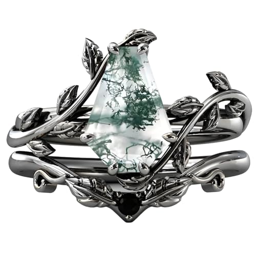 Natural Moss Agate Engagement Ring Sets for Women Solid Gold 10K/14K/18K Marquise/Hexagon/Kite/Coffin Cut Moss Agate Wedding Rings Jewelry Gifts for Her