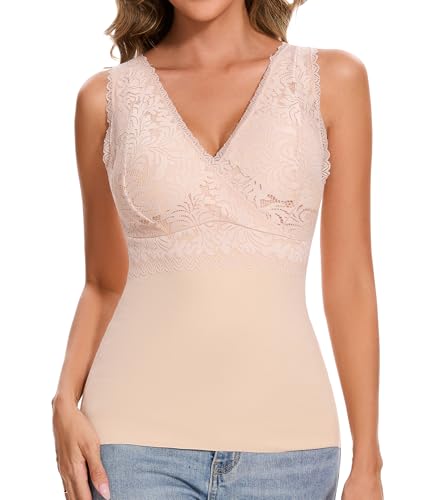 Image of Slimming Tank Top for Women V Neck Lace Camisole Tops with Built in Bra Cami Vest Base Layer