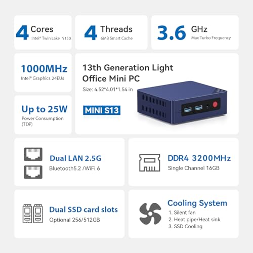Image of Beelink MINI S13 Mini PC with Processor N150,16G DDR4 500G SSD Mini Desktop Computer, WiFi6, Dual 2.5G LAN, BT5.2, Business Mini Computer for Daily Work /Web Browsing /Learning