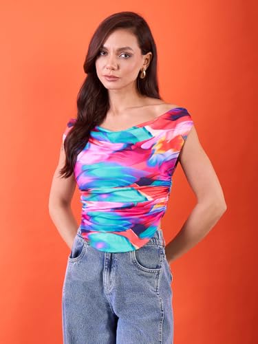Image of Uptownie Women Top | Stretchable Cowl Neck Ruched Design | Sleeveless & Knitted Fabric for Casual Soft & Comfortable