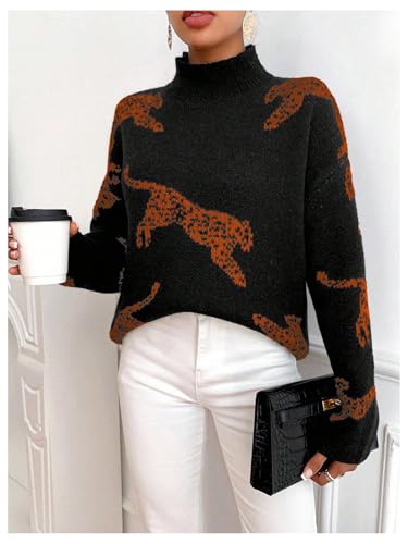 Image of WDIRARA Women's Leopard Tiger Print Sweater High Neck Long Sleeve Fuzzy Knitted Pullover Top
