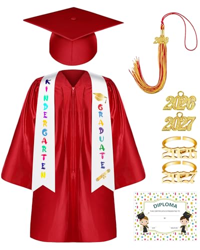 Sasylvia 2026 Kindergarten Preschool Graduation Gown Cap Set with 2026 Tassel Graduation Stole Rings Certificate for Kids(Size 27,Red)