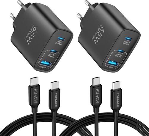 TOPADRE Cargador USB 65W, Paquete de 2 adaptadores de Corriente USB con Dos Cables de Carga de 6,6 pies, Cargador rápido Compatible con MacBook Pro/Air, iPad Pro, iPhone 17/16/15 y Galaxy, Negro