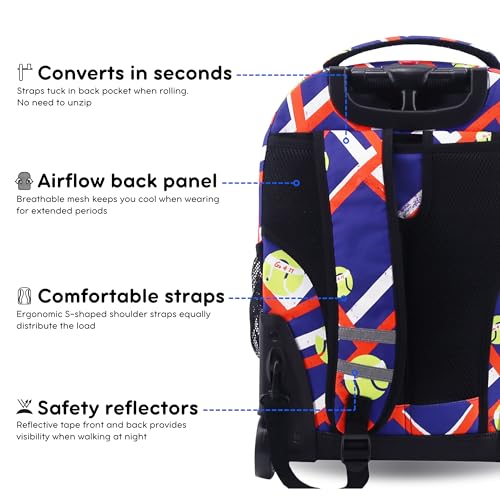 Image of J World Sunrise Kids Rolling Backpack with Wheels for Girls Boys, Roller Bookbag for School, 18 x 13 x 9 Inches, Tennisy
