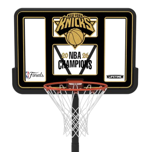 Image of Lifetime NBA New York Knicks Championship Edition Portable Basketball Hoop, Adjustable Height 7.5-10 Ft, 44 Inch Shatterproof Fusion Backboard, Base with Wheels