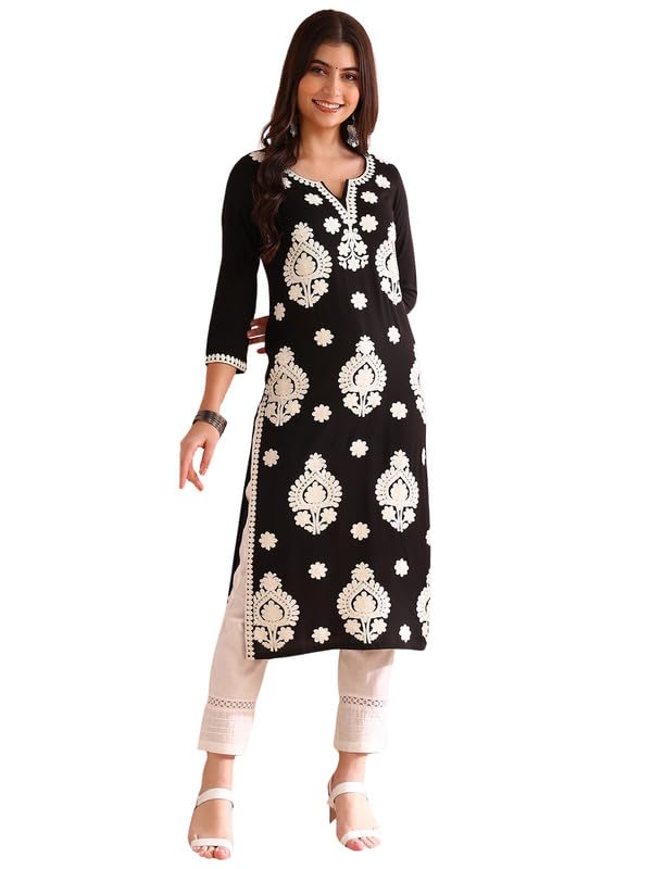 Image of Vaamsi Women's Viscose Rayon Solid Embroidered Straight Kurta | Chikankari Kurta for Women