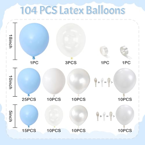 Image of Pastel Blue White Balloons Garland Arch Kit, 104PCS Double Stuffed Pearl White Balloons, Light Baby Blue Clear Balloon for Bridal Shower Baby Birthday Bachelorette Wedding Engagement Party Decorations