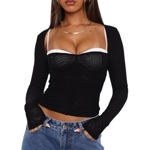 XFLnaraz Blusa de manga larga de malla para mujer, cuello cuadrado, transparente, corte ajustado, sin espalda, para salir, para salir y salir, Negro -, S