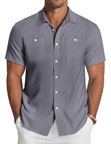 COOFANDY Camisa de lino para hombre, manga corta, verano, informal, corte regular, botones de lino, camisa de negocios con bolsillo en el pecho, azul, M