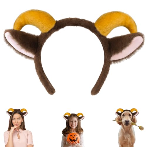 Beviliu Goat Ears Headband with Ram Horns Animals Ears and Horns Headband Sheep Ears Custome Lamb Ears Headwear for Halloween Christmas Birthday Party Theme Cosplay Brown 1Pack