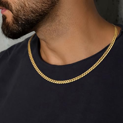 Jewlpire Gifts for Men Italian Six-Faceted Design14K Gold-Plated Cuban Link Chain Necklace for Men Women, 4MM Stainless Steel with 925 Sterling Silver Plated Mens Chain Necklace 16 18 20 22 24 26 Inch4