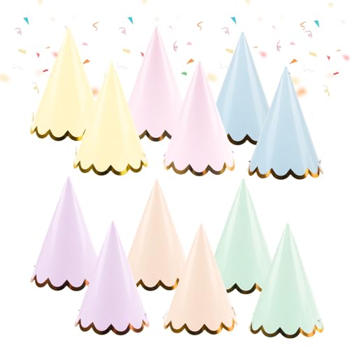 Ignara 12 Pcs Mini Party Hats for Teddies and Toys Colourful Pastel Birthday Hats with Gold Trim and Elastic Strap Small Party Hats for Kids Parties Baby Showers Pet Celebrations and Decorations