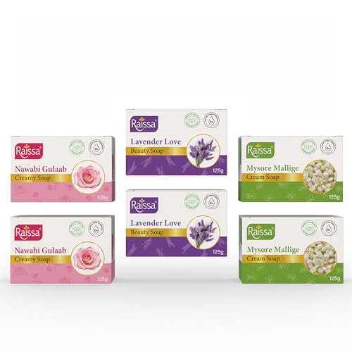Image of Raissa Bath Soap, 125g (Pack of 6) Nawabi Gulaab, Lavender Love and Mysore Mallige | Alcohol-Free Fragrance | No Harsh Chemicals -Jasmine, Rose and Lavender Fragrances